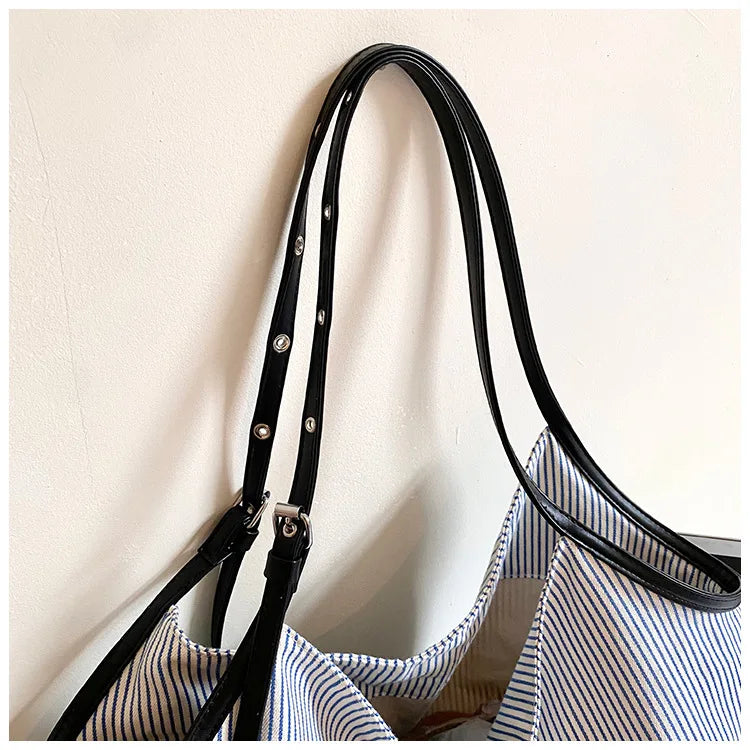 Casual Stripe Canvas Lightweight Shoulder Tote Bag for Women