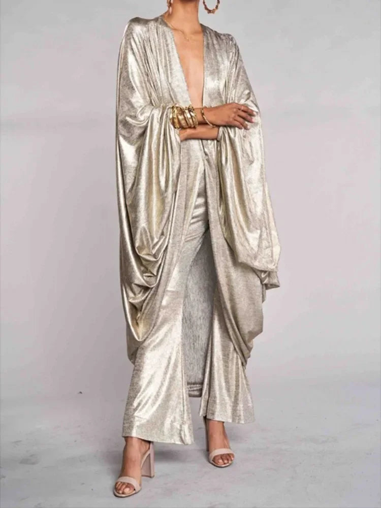 Beautyblue Woman Clothing Champagne Top New Elegant Batwing Sleeves Deep V-Neck Fashion Shiny Blouses&shirts Trendy Coats Female