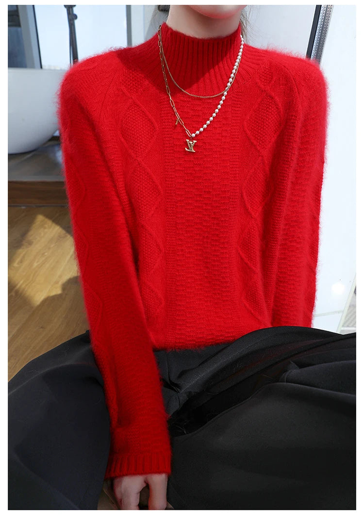 Floral Jacquard Long Sleeve High Neck Knit Sweater for Women