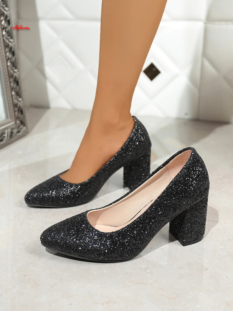 Bling Pointed Toe Square Heel Pumps