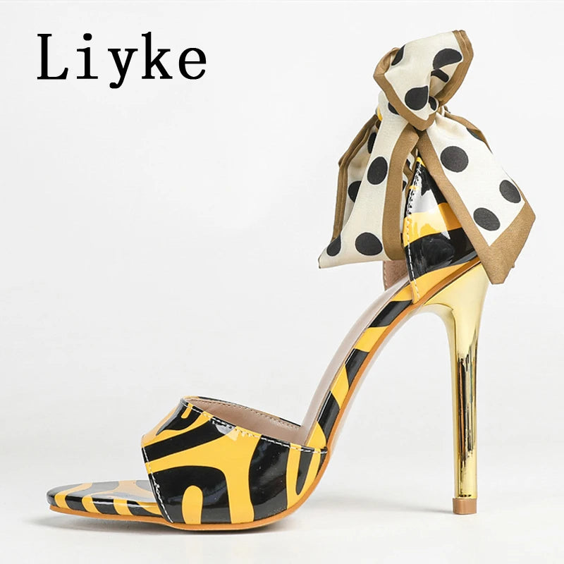 Zebra Pattern Silk Lace Up Leather Open Toe Sandals for Women