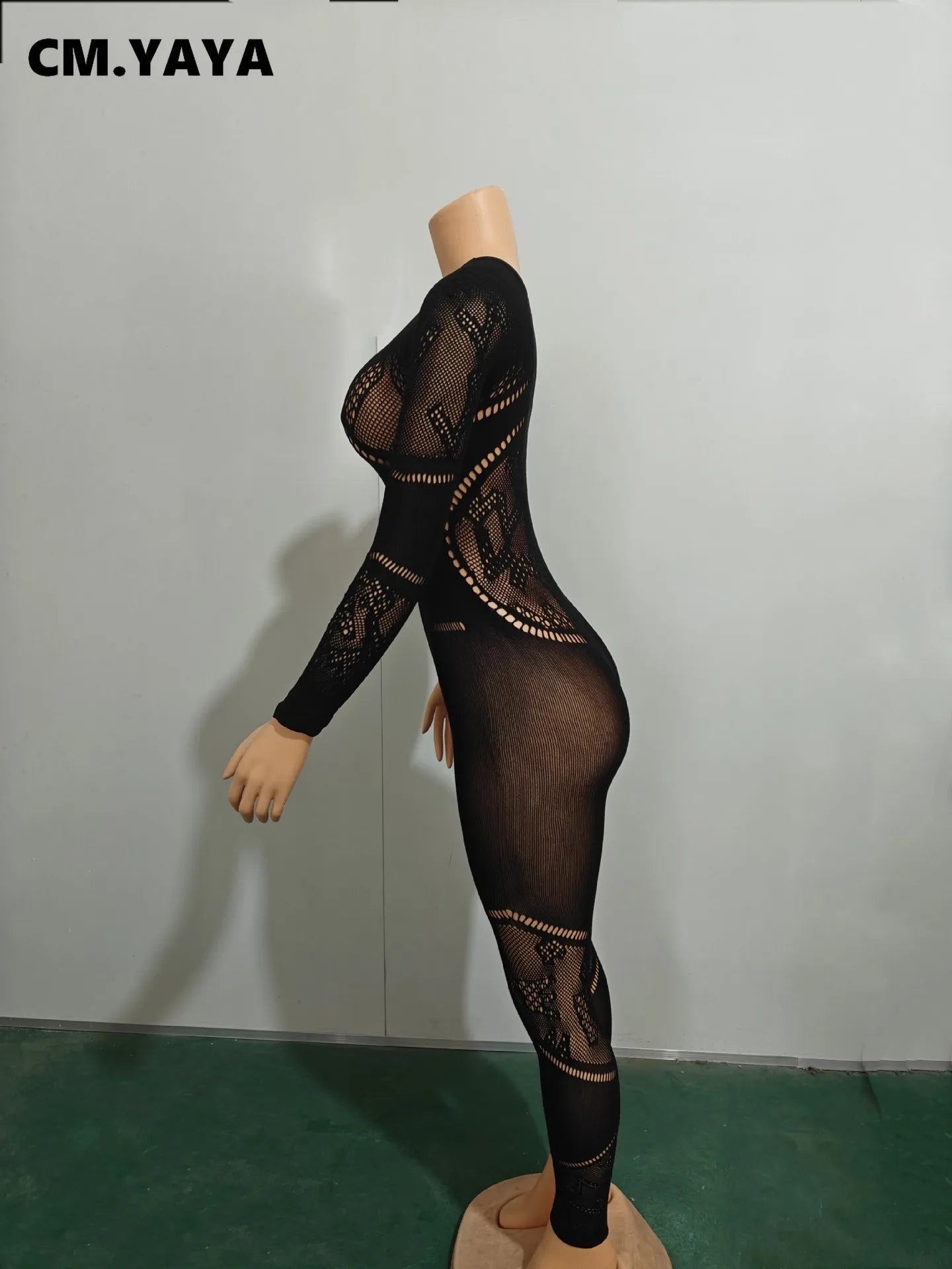 CM.YAYA Long Sleeve Sexy Mesh Lace Hollow Out Women’s Jumpsuits 2024 Fall O-Neck Night Club Party Pajamas  One Piece Outfits