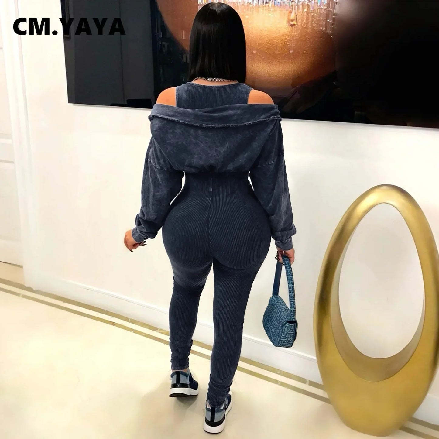 CM.YAYA Fashion Women Knit Ribbed Long Sleeve Moto Biker Jumpsuits Strap Autumn Washed Streetwear Slim One Piece Suit Romper