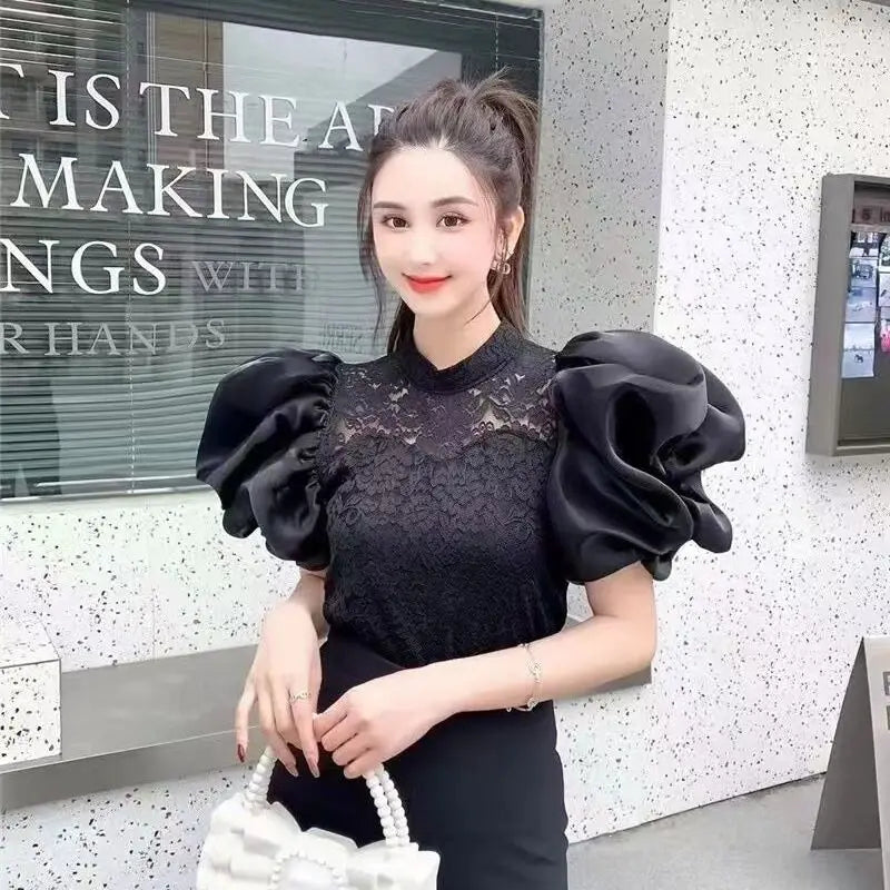Korean V-Neck Bubble Sleeve Irregular Pleated Top for Women