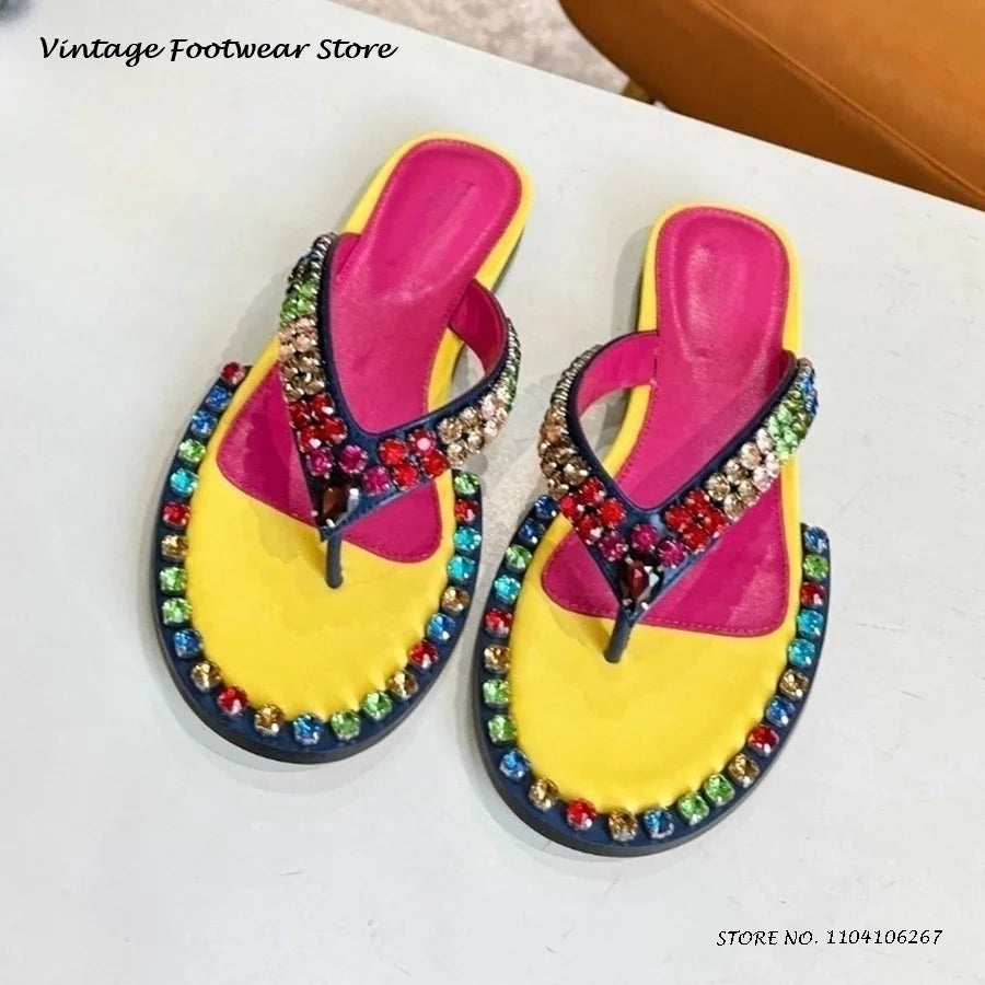 Colorful Crystal Embellished Flat Flip Flops for Women