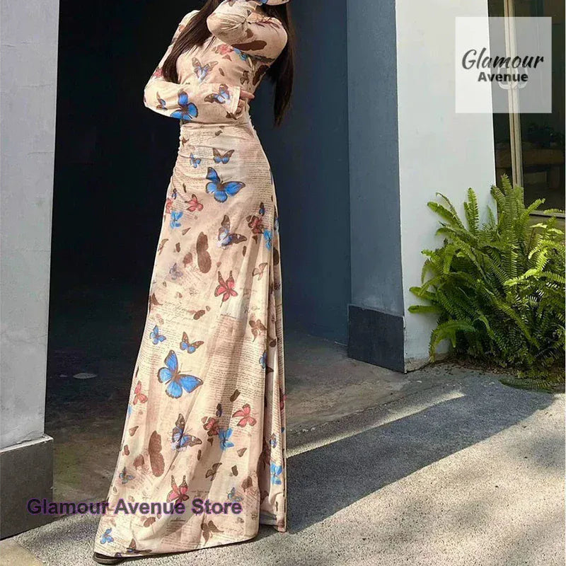 Korean retro spice wind butterfly print long-sleeved dress female summer new fashion sexy slim fold waist pocket hip dress