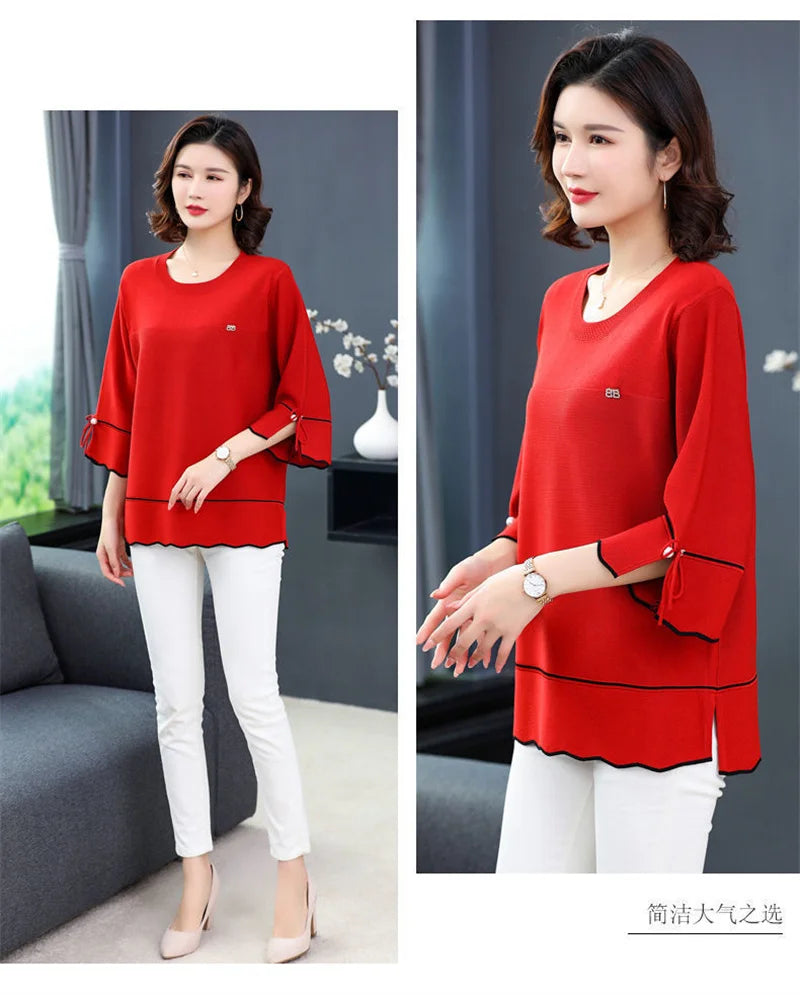 6XL Mom Large Summer New Ice Silk Shirt 3/4 Sleeves Round necked T-shirt Knit Sweater Loose Top For Wearing Outwear Top Black