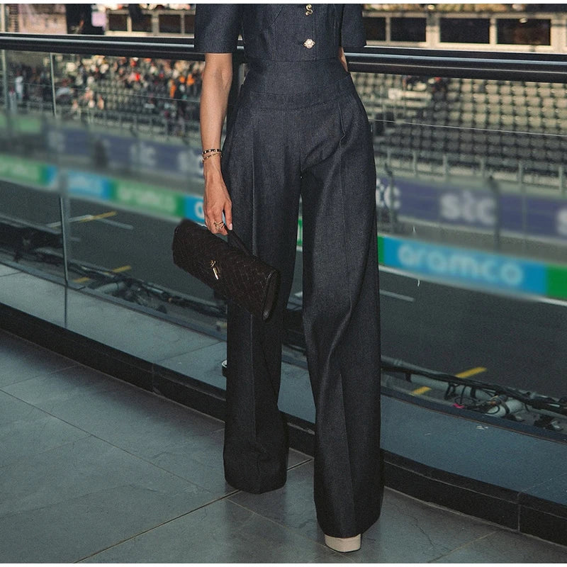 Single Button Denim Jacket With Wide Leg Pants For Women