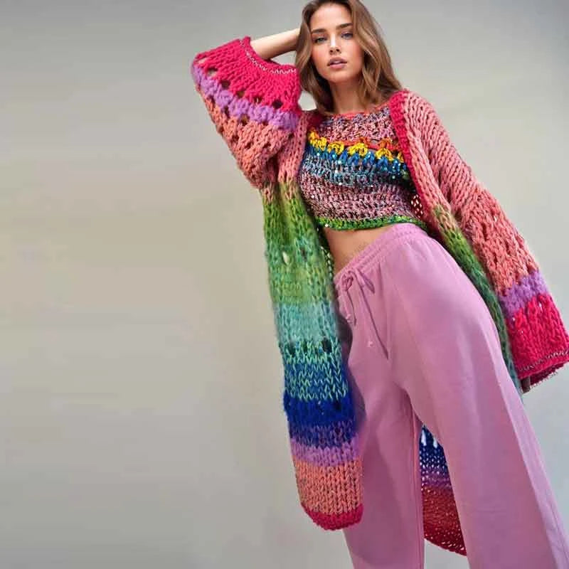 Boho Colorful Luxuriously Handknit Bell Sleeve Crochet Loose Kimono Cardigan 2024 Women Fall Winter Coat Beach Coverup Dress K12