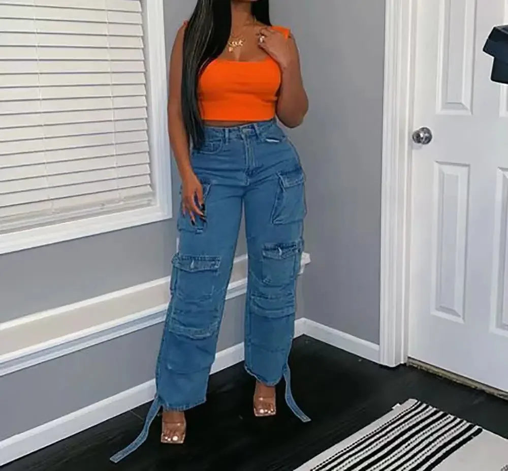 High-Waisted Loose-Fit Multi-Pocket Cargo Jeans for Women