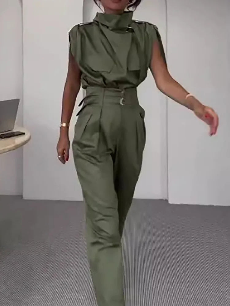 Sleeveless Turtleneck Simple Matching Set, Women Summer Cargo Pants Fashion Outfit, Solid Patchwork Chic Ladies Suits Streetwear