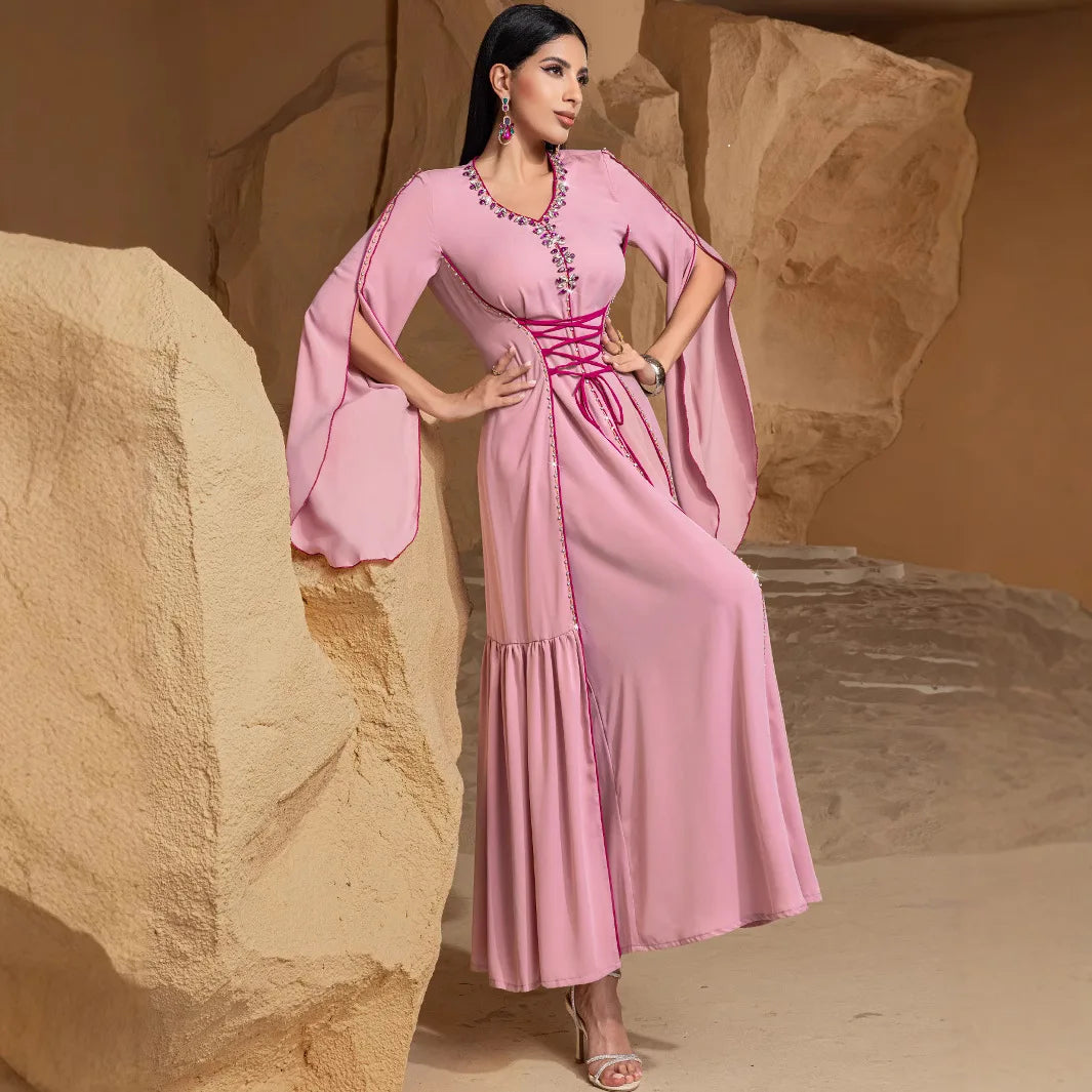 Diamond Embellished Moroccan Kaftan Maxi Dress for Women