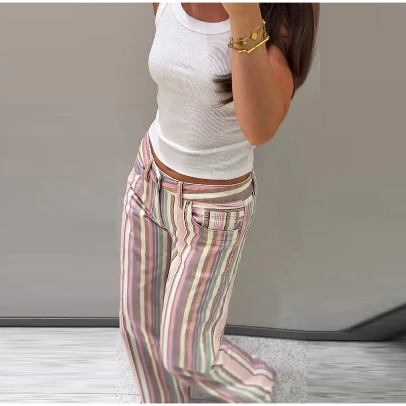 Color Block Rainbow Stripe Wide Leg Jeans for Women