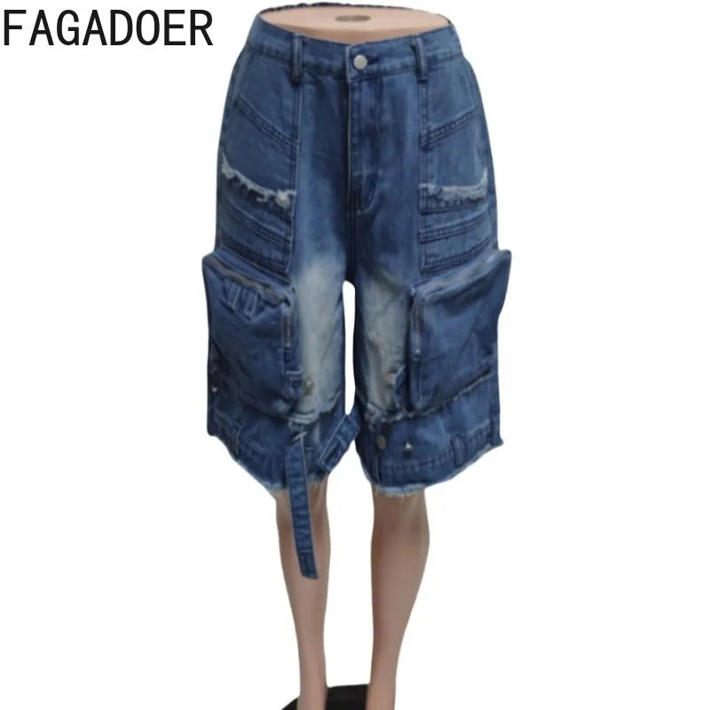 FAGADOER Fashion Pocket Cargo Patchwork Denim Pants Woman Solid Color High Waist Jeans Shorts Female Streetwear Bottoms 2025 New