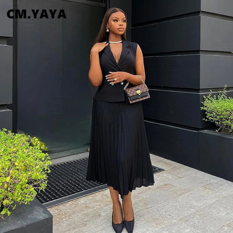 CM.YAYA Street OL Work Women's Set Sleeveless Vest Tops and Pleated Skirts Suit 2024 Summer INS Two 2 Piece Set Outfit Tracksuit