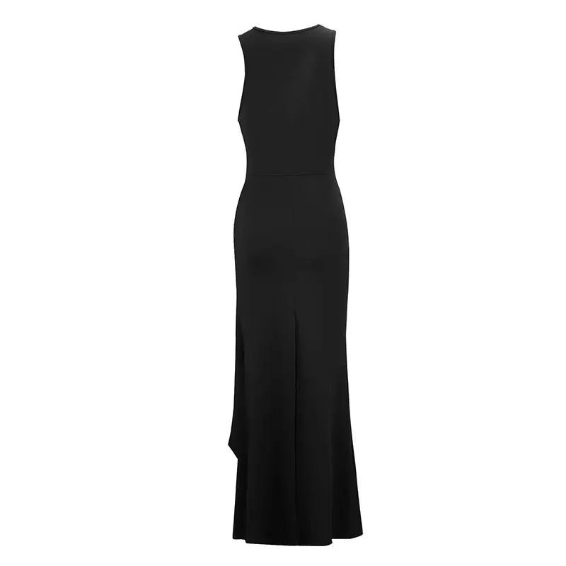 Black Sexy Women's Maxi Dresses Summer New Sexy Hollow Out Split Dress Streetwear Fashion Female Tank Sleeve Dresses Clothing