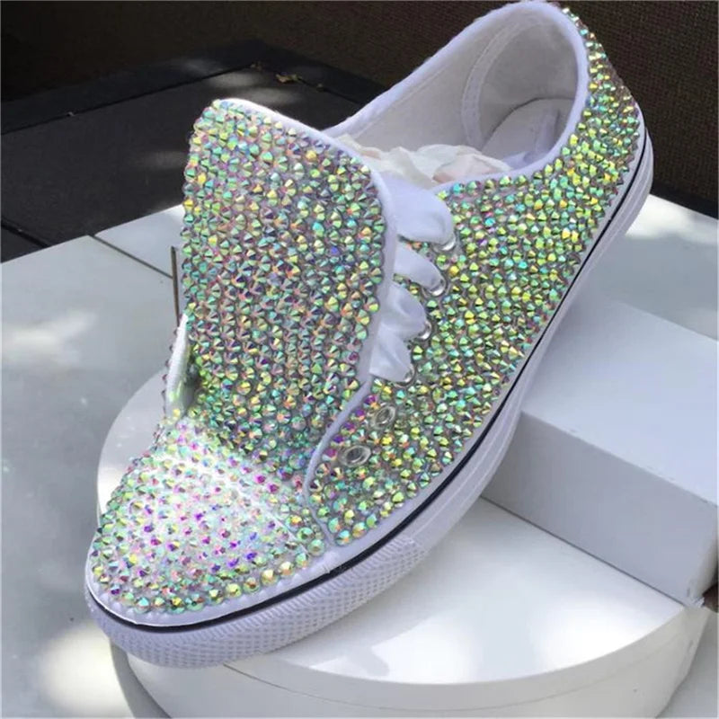 Handcrafted Rhinestone Lace-Up Canvas Wedding Shoes for Women