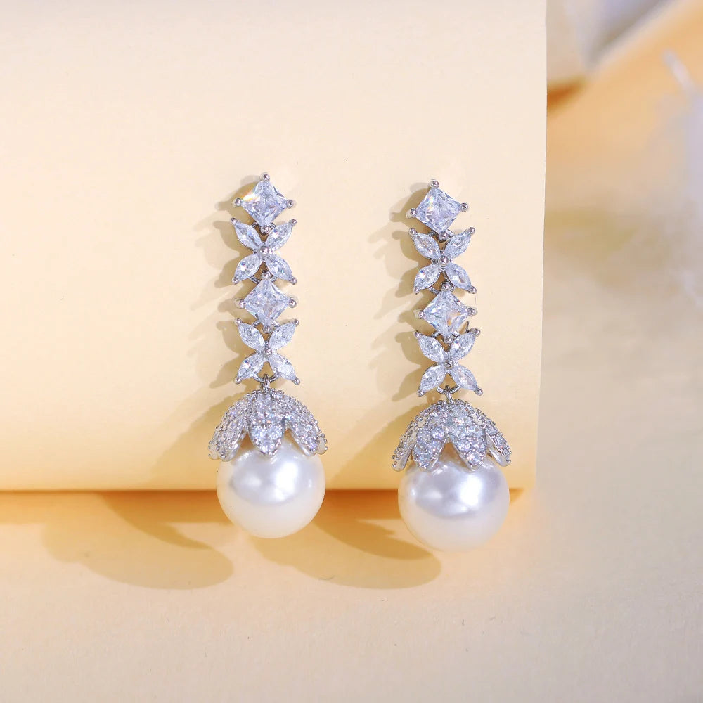 Elegant Cubic Zirconia Leaf Pearl Drop Earrings for Women