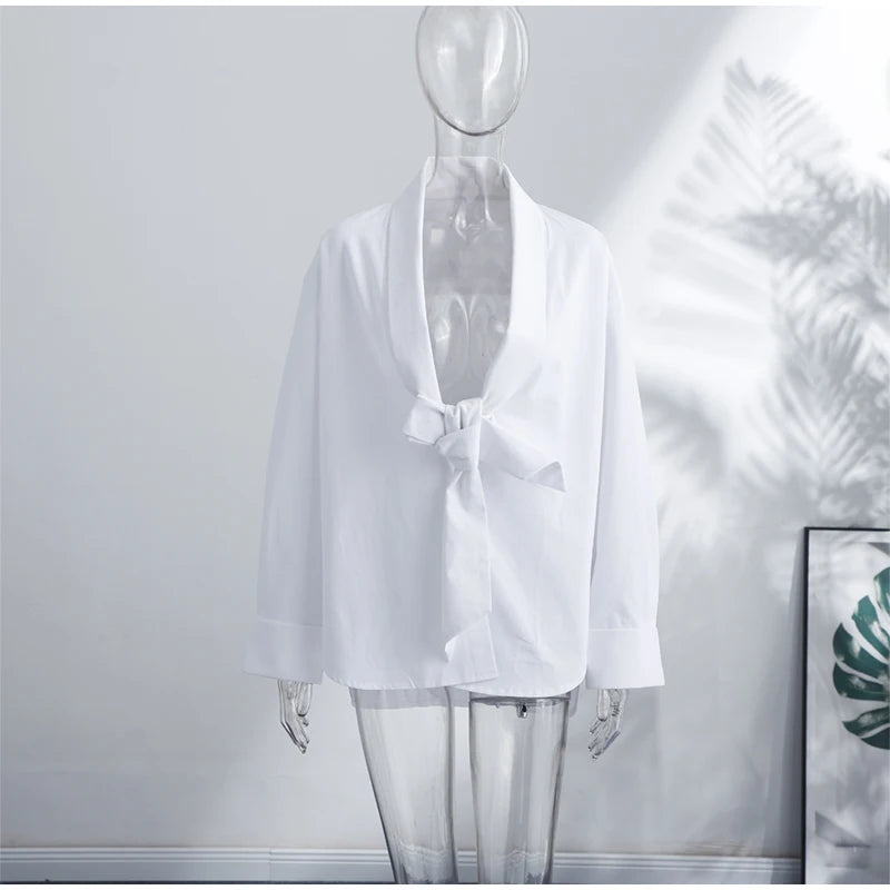 Elegant Bow Detail Pleated Long Sleeve V Neck Blouse for Women