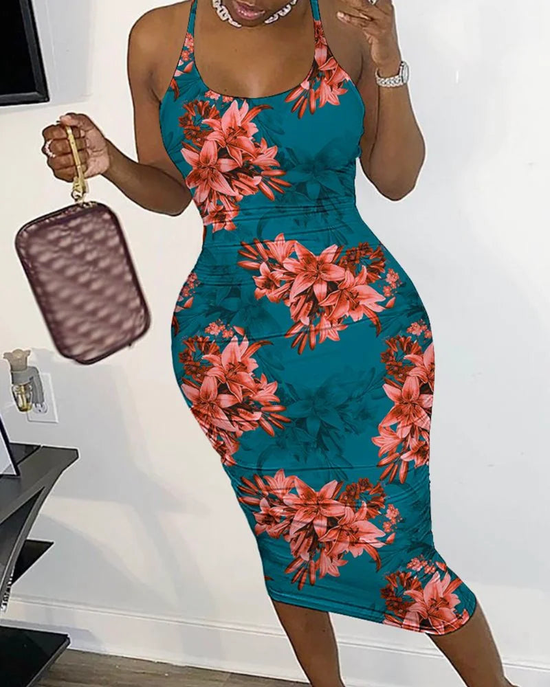 Sexy Women Summer Floral Print Fishnet Backless Bodycon Dress 	U-Neck Slim Fit Spaghetti Strap Midi Blue Dress Vacation Vestido