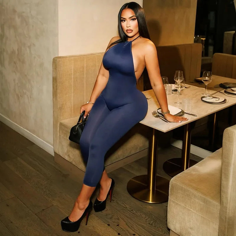 Sexy Solid Color Halter Sleeveless Backless Bodycon Jumpsuit for Women