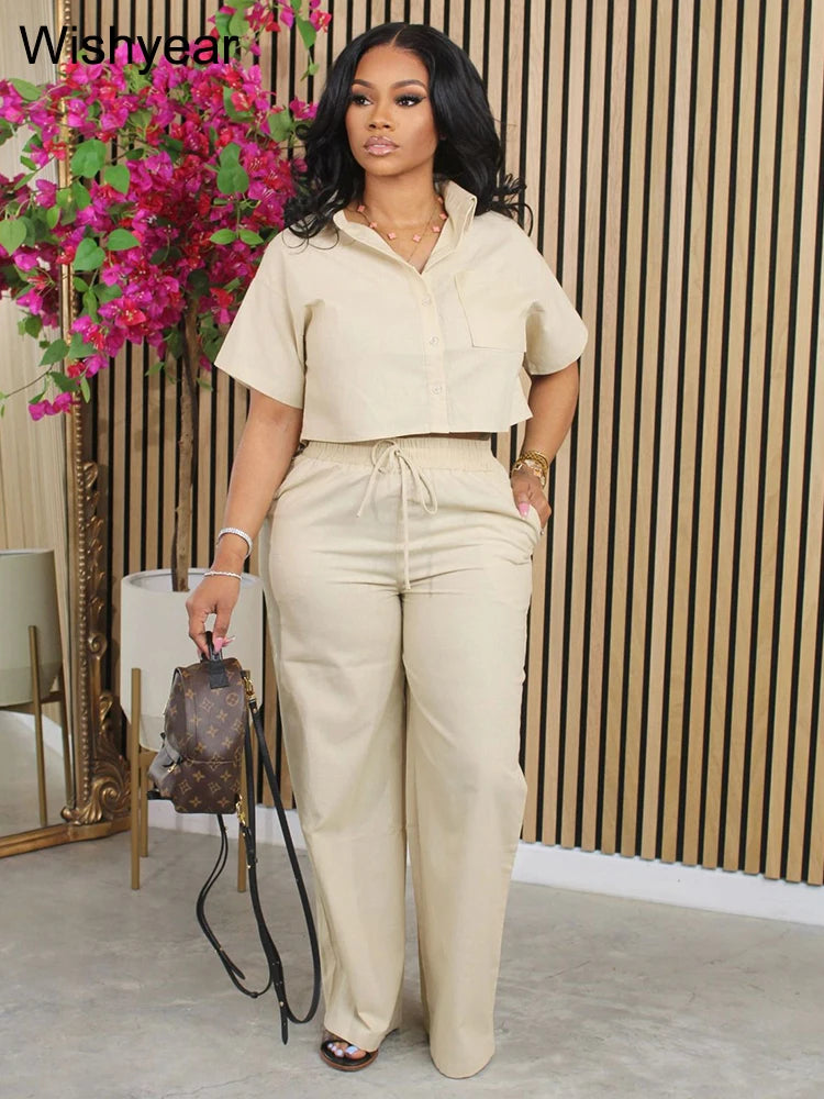 Casual Sports Linen Outfits Women's Short Sleeve Shirt and Wide Leg Pants Autumn 2 Piece Set Streetwear Office Fashion Tracksuit