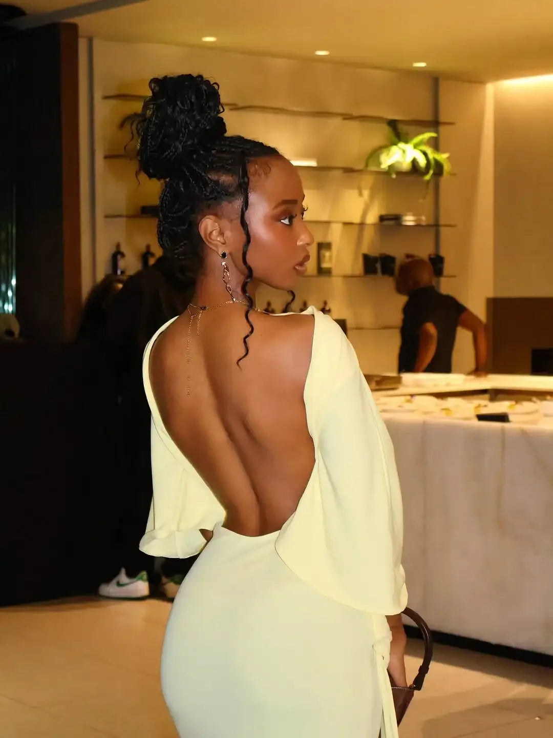 Yellow Backless Slit Evening Dress With Cinched Waist For Women