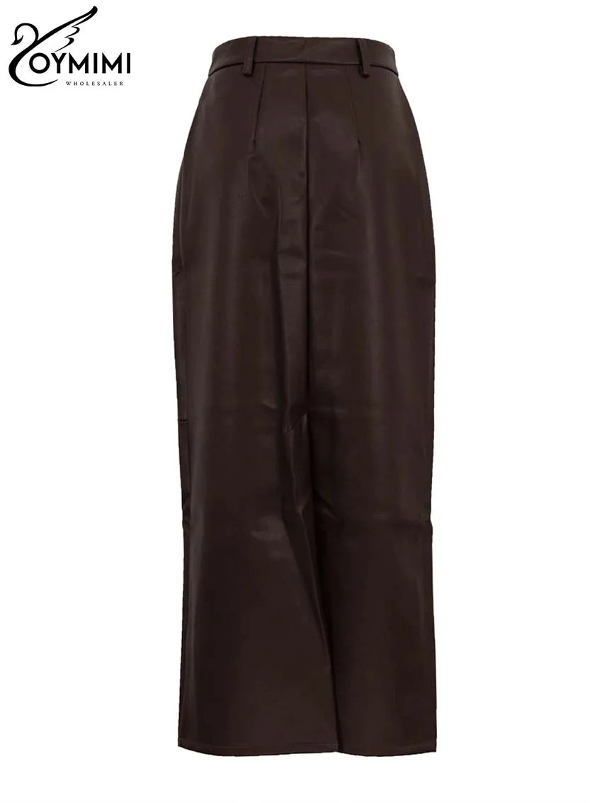 Oymimi Vintage Brown Pu Leather Skirts For Woman Elegant High Waisted Straight Skirts Casual Simple Ankle-Length Skirt Female
