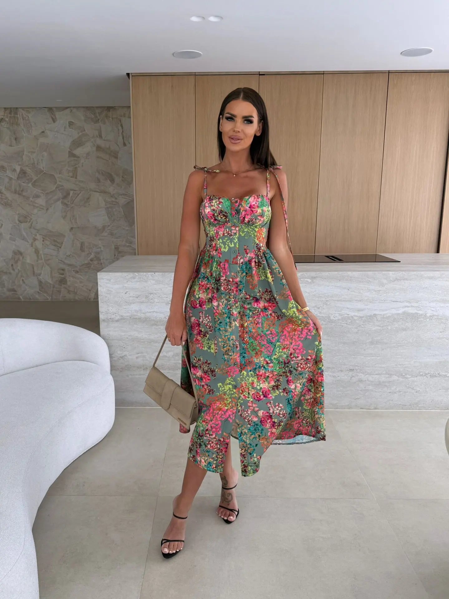 Boho Print Sleeveless A-Line Casual Midi Dress for Women