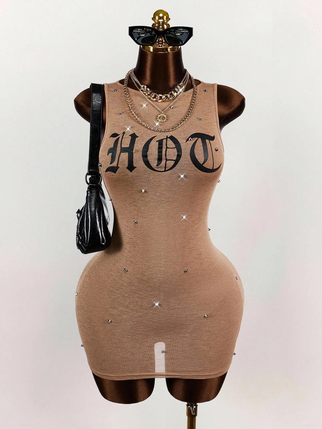 Letter Print Sleeveless Rivet Bodycon Mini Dress for Women