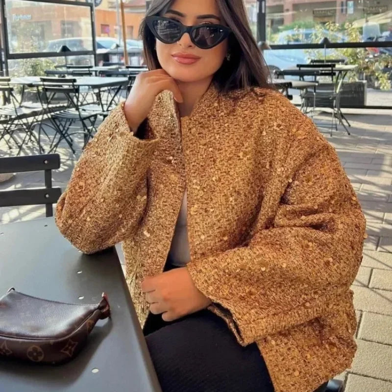 Suninheart Women's Sequined Bomber Jacket Fall O Neck Long Sleeve Pocket Stretch Hem Sequins Jacket Coat Female Chic Outerwear