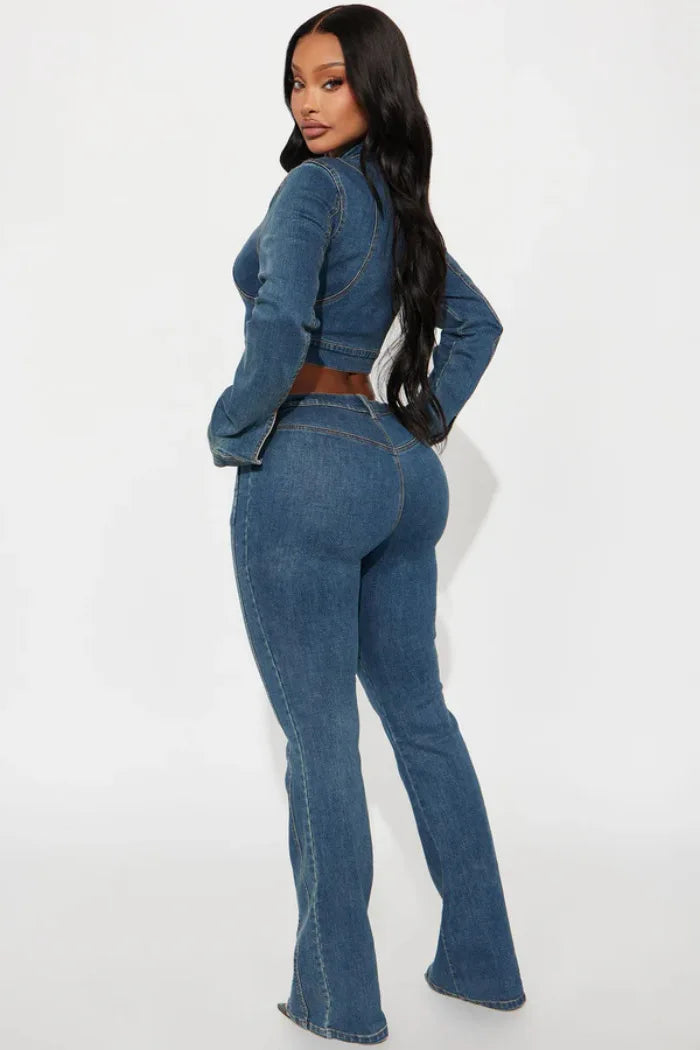 Elegant Blue Denim Matching Jacket And Trousers Set For Women