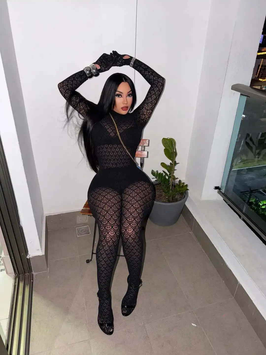 See Through Lace Hollow Out Patchwork Bodycon Jumpsuit for Women