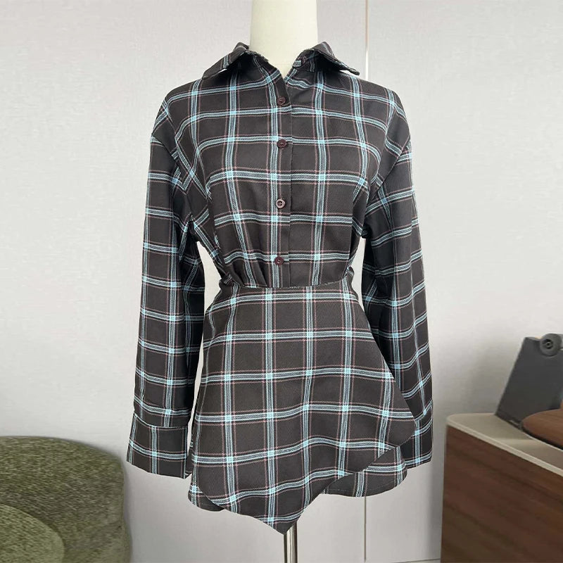 Elegant Plaid Patchwork Long Sleeve Shirt for Women