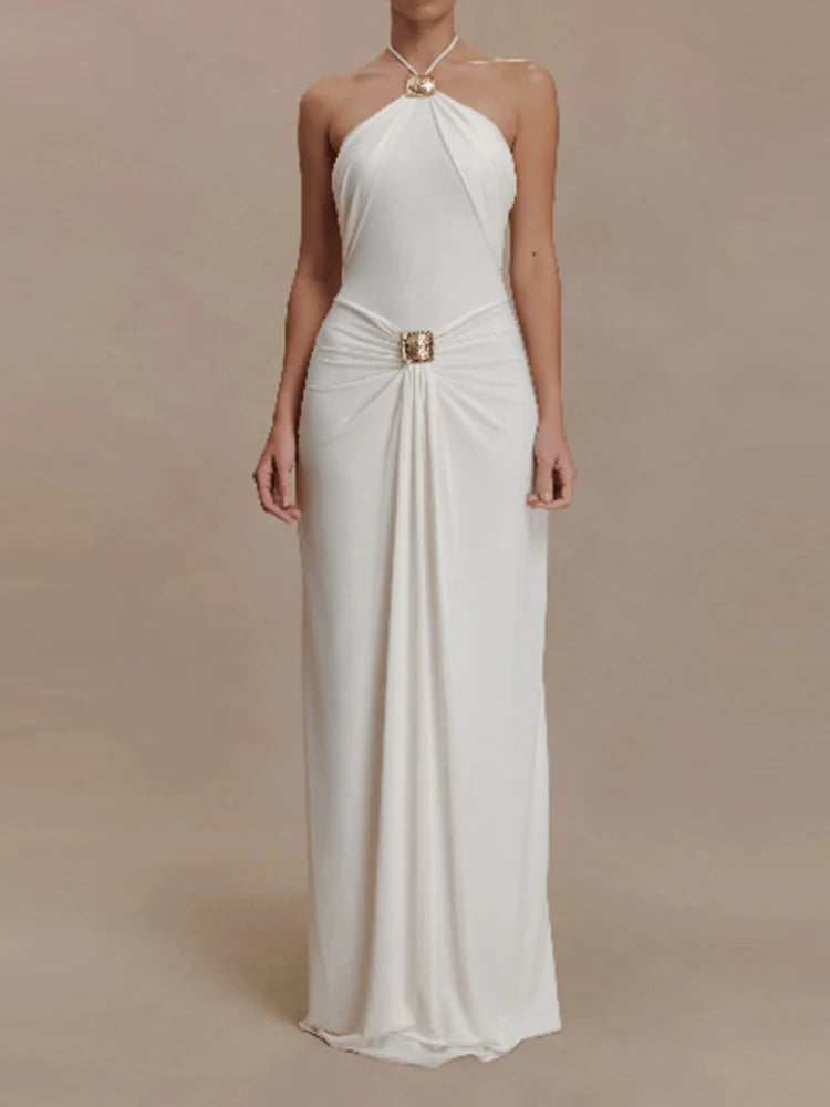 Elegant Sleeveless Draped Halter Evening Dress for Women