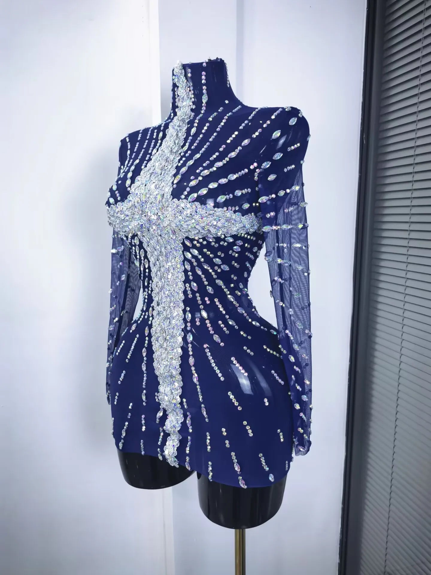 Purple Color Women Long Sleeve Sexy Shining Sequins Bodycon Mini Dress Mesh See Through Celebrate Nightclub Party Outfit