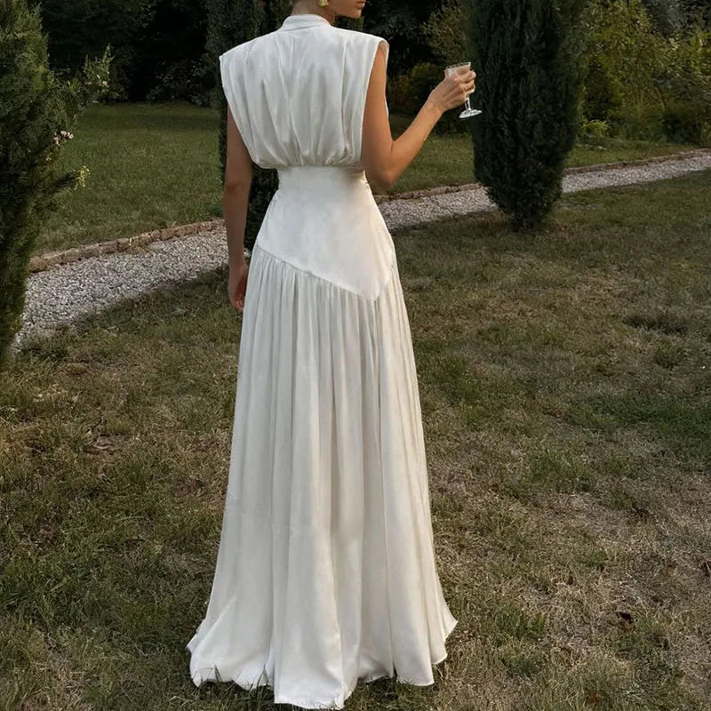 Deep V Sleeveless Pleated Satin High Waisted Evening Dress for Women