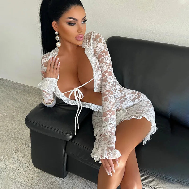 Tie Front Sheer Lace Trim Mini Dress