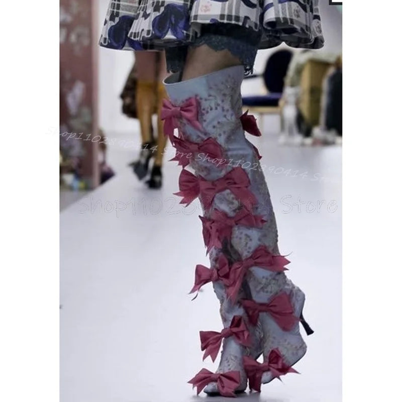 Embroidered Sky Blue Pointed Toe High Heel Boots With Pink Bow For Women