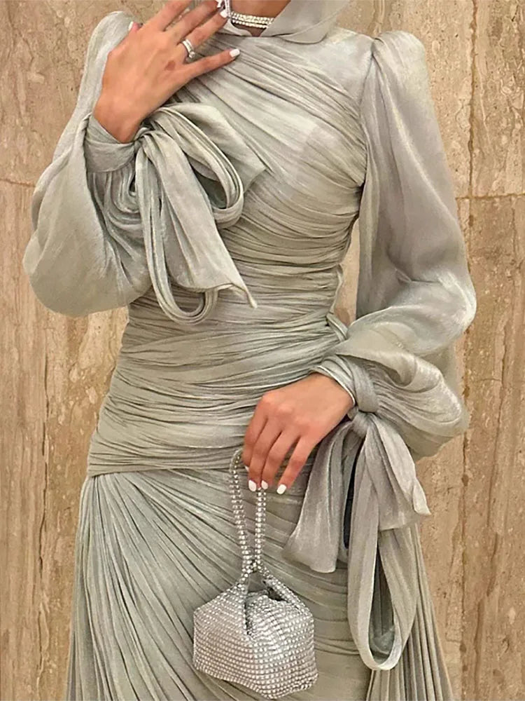 Lantern Sleeve Pleated Maxi With Lace Up O Neck Dress for Women
