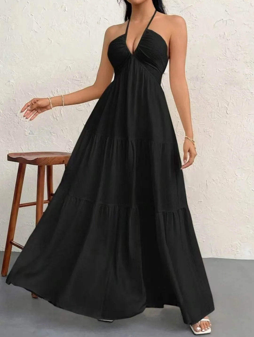Summer 2026 Women's Trendy Deep V Shoulder Bohemian Style Dress with Belt for Wedding Festival Party Casual Wear