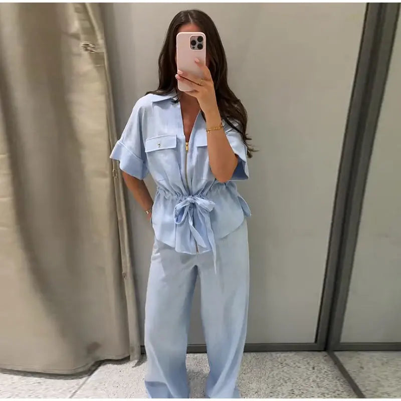 Casual Solid Chic Coat And Wide Leg Trouser Set for Women