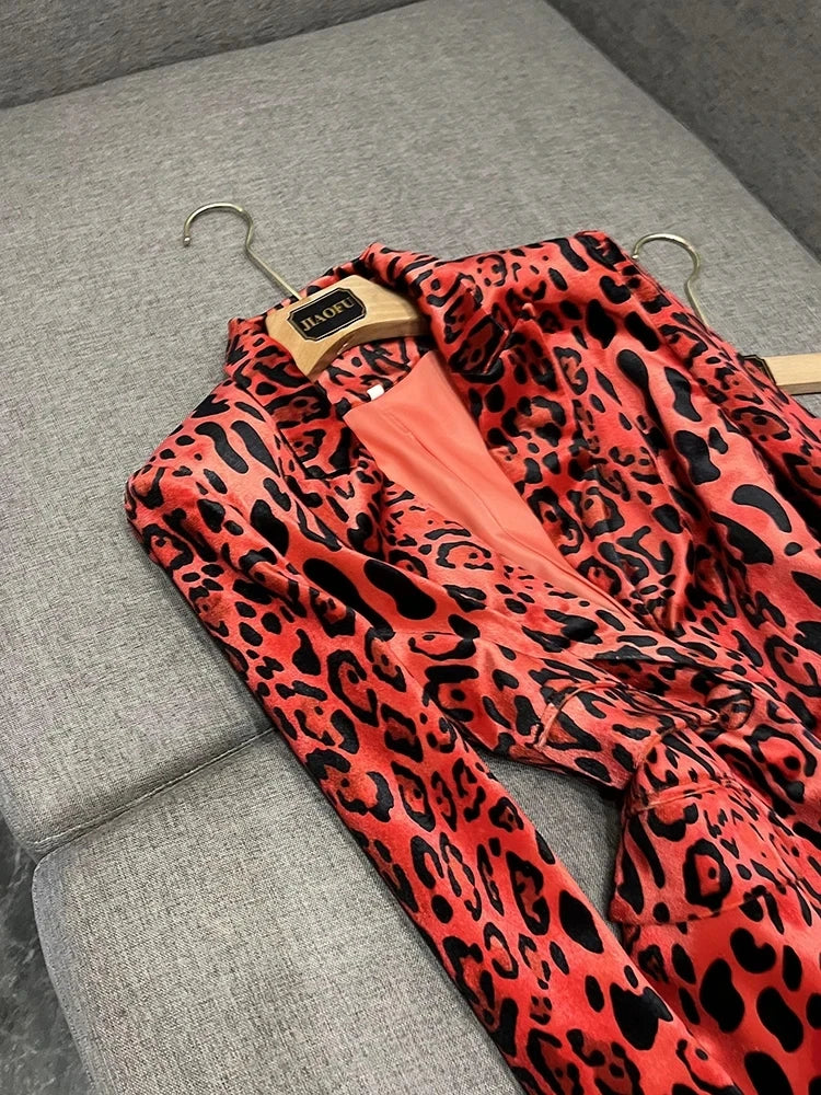 HIGH STREET Newest Fashion 2026 Designer Suit Set Women's Single Button Leopard Printed Velvet Blazer Pencil Pants Suit 2PCS