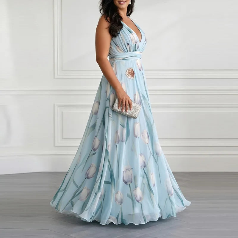 Light Blue Tulip Chiffon V Neck Sleeveless A Line Maxi Dress For Women