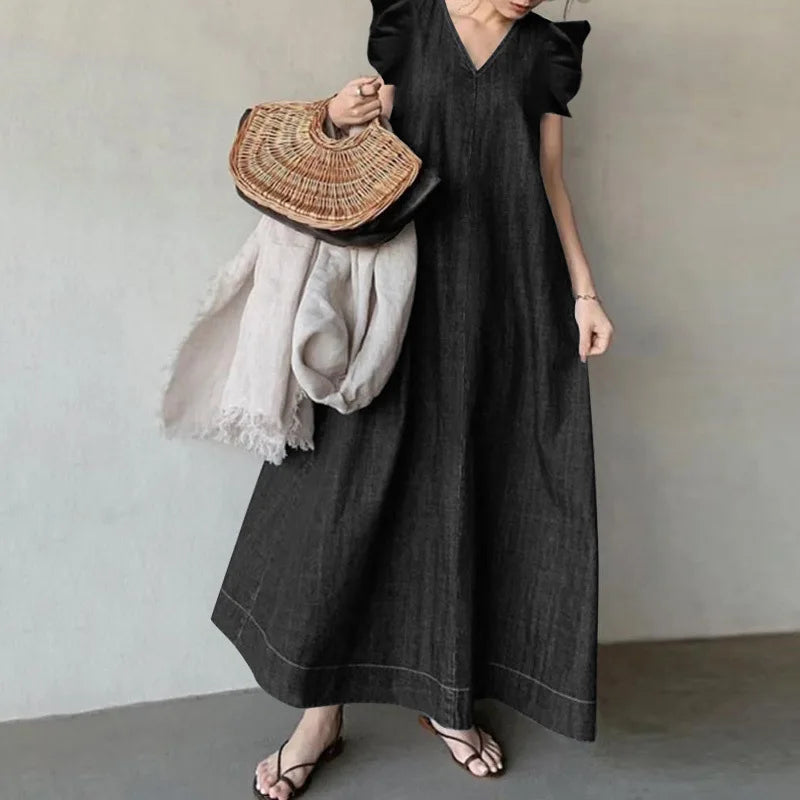 Bohemian Style V Neck Flutter Sleeve Denim Maxi Dress for Women