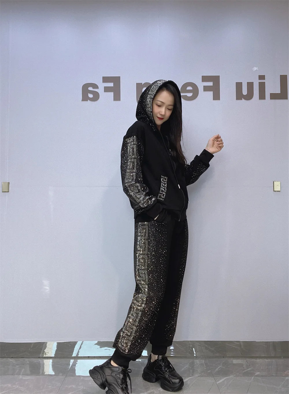 Fashion Diamonds Side Two Piece Sets Womens Outifits Casual Zipper Cardigan Autumn Tracksuit Hooded Tops and Long Pants Suits