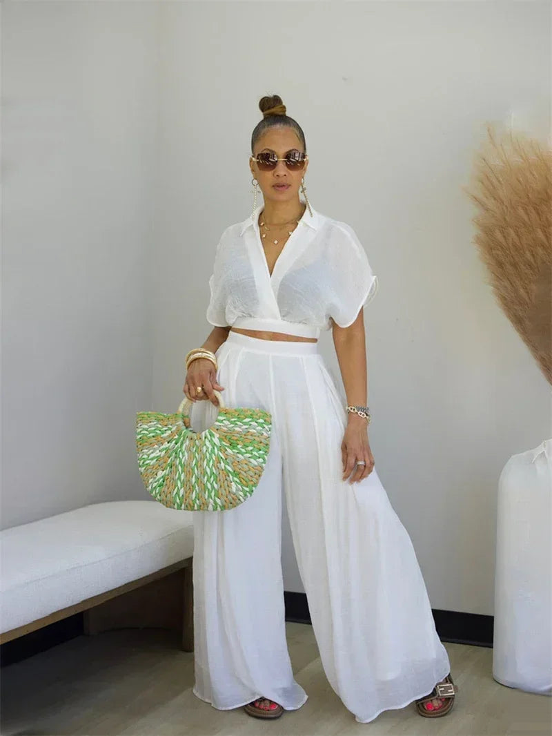 Relaxed Casual Crop Top And Wide Leg Pants Set for Women