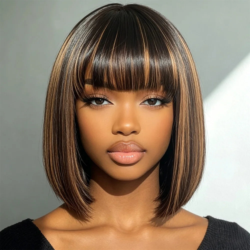 Soft Silky Highlight Brown Straight Bob Wig With Bangs For Women