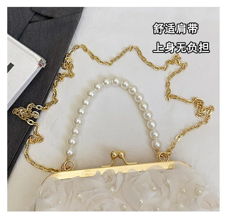Pearl Floral Chain Evening Crossbody Bag