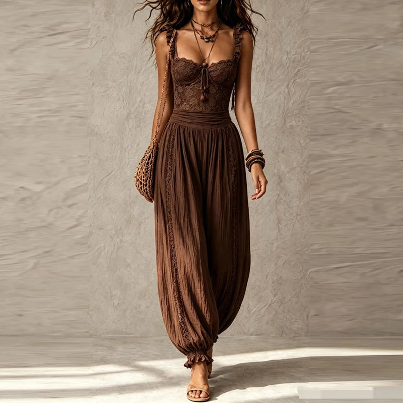 Elegant Lace Trim V Neck Sleeveless Jumpsuit for Women